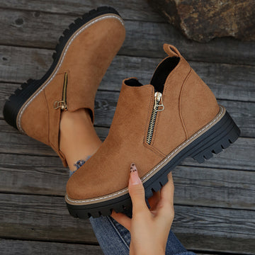 Women’s Suede Ankle Boots – Chunky Heel Side Zipper Winter Boots