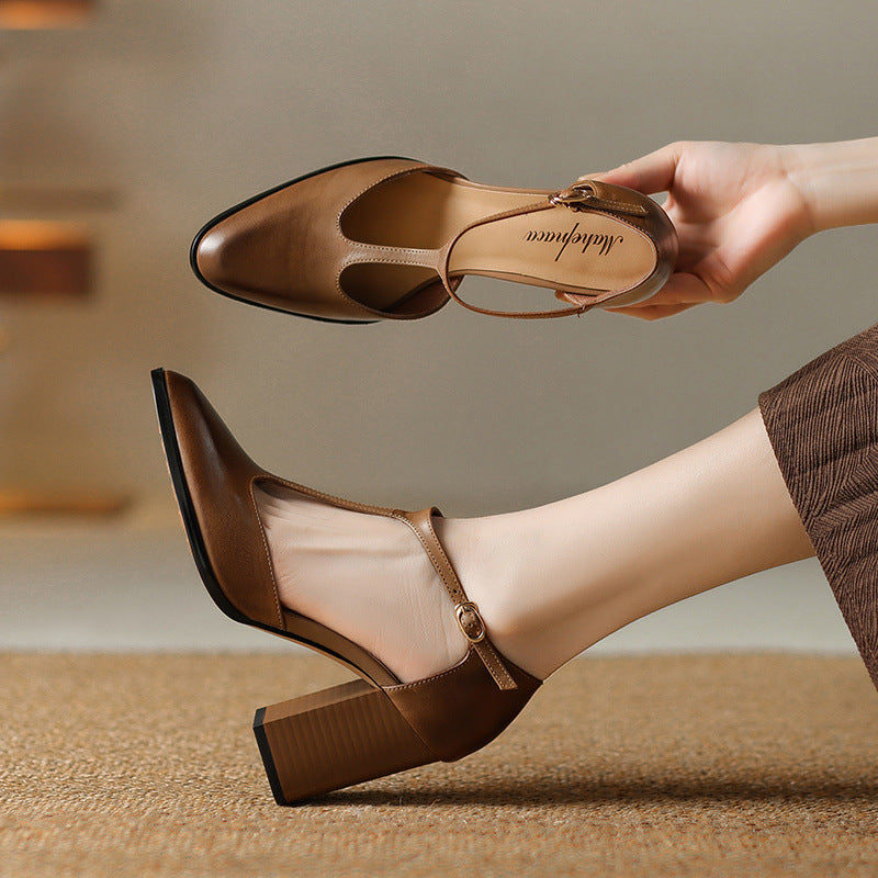 Women’s Retro Pointed Toe Mary Jane Shoes – Genuine Leather Buckle Heels for Women